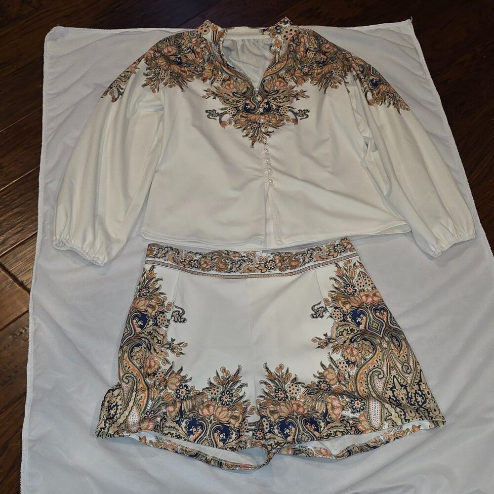 Faux Pearl Button Shirt Shorts Set Cottagecore Feminine Romantic - Picture 6 of 16